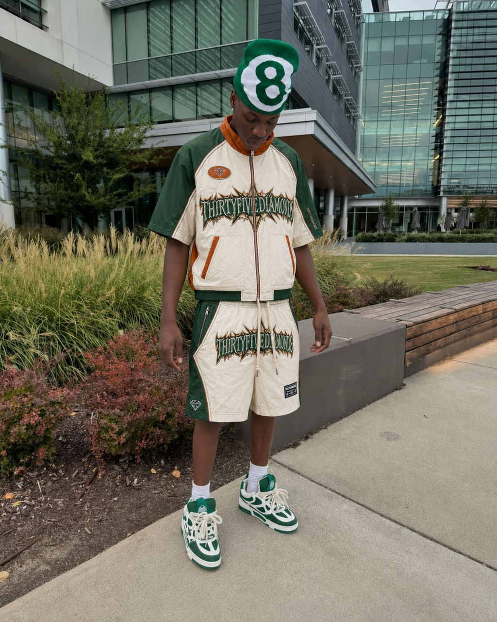THIRTYFIVEDIAMONDS™ Product of Pressure™ Windbreaker Short Set – Cream/Forest Green