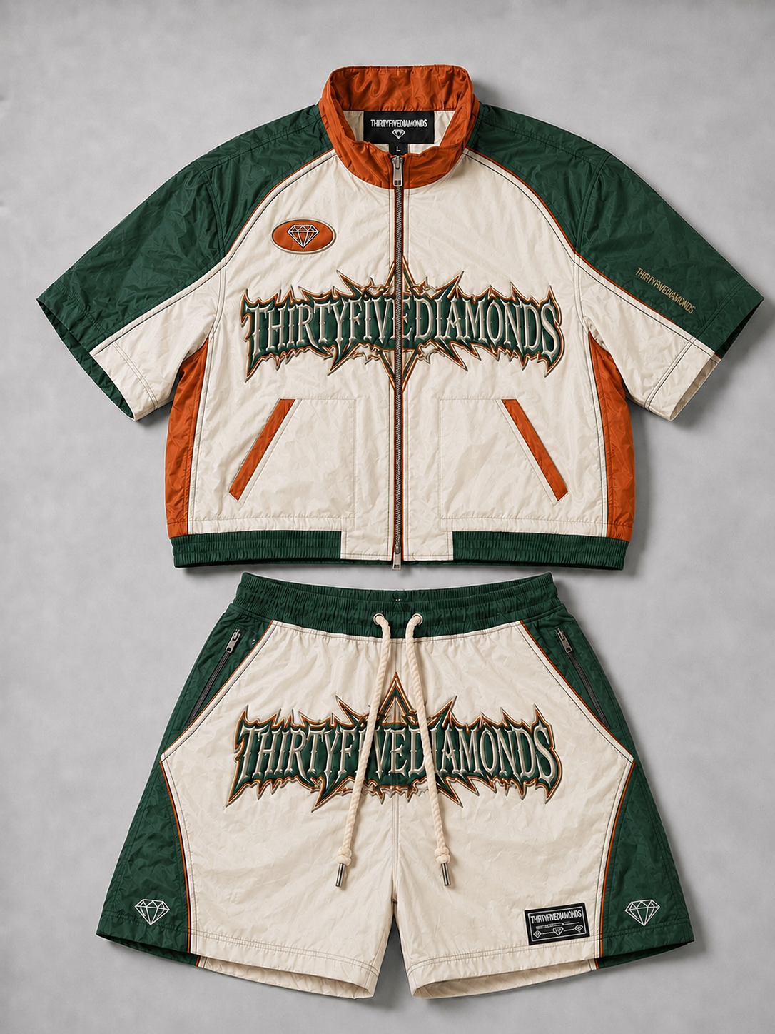 THIRTYFIVEDIAMONDS™ Product of Pressure™ Windbreaker Short Set – Cream/Forest Green