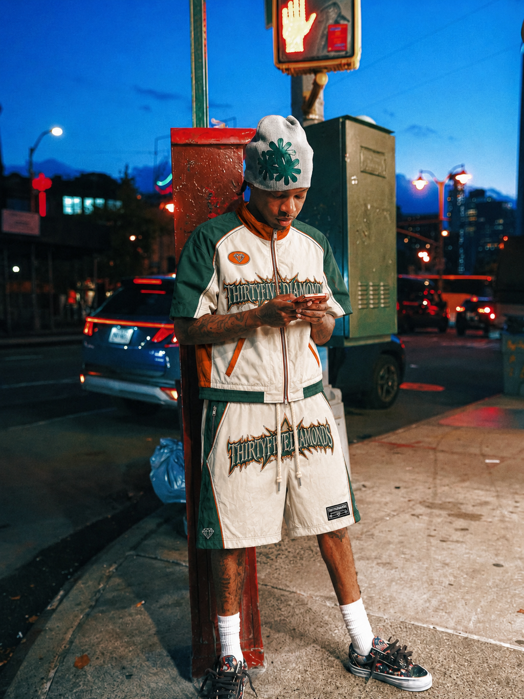 THIRTYFIVEDIAMONDS™ Product of Pressure™ Windbreaker Short Set – Cream/Forest Green