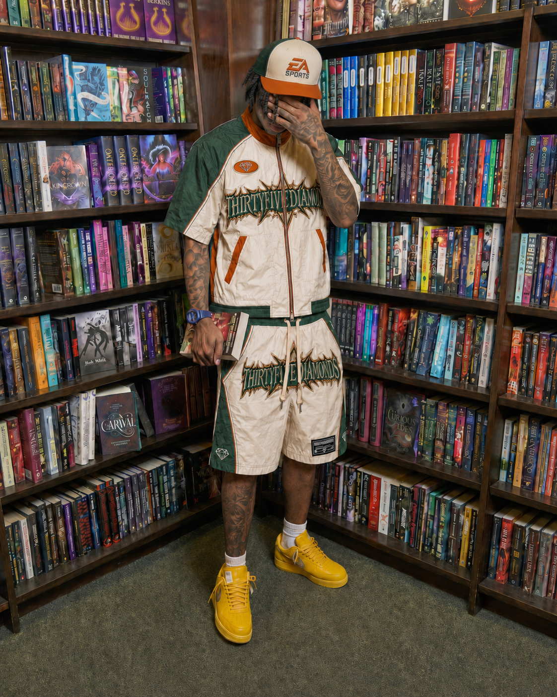 THIRTYFIVEDIAMONDS™ Product of Pressure™ Windbreaker Short Set – Cream/Forest Green
